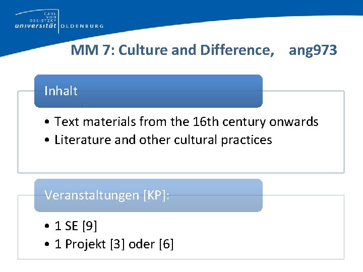 MM 7: Culture and Difference, ang 973 Inhalt • Text materials from the 16