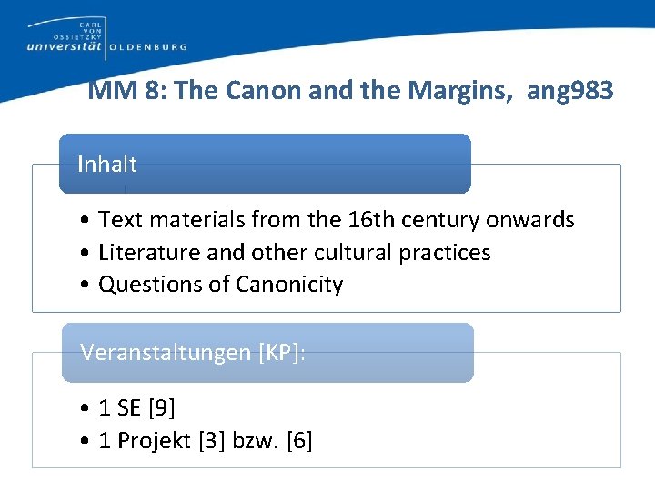 MM 8: The Canon and the Margins, ang 983 Inhalt • Text materials from