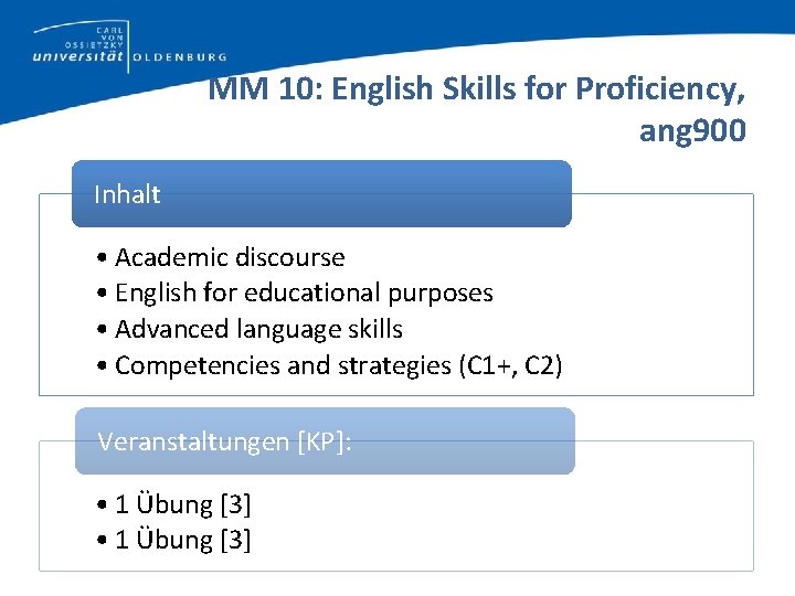 MM 10: English Skills for Proficiency, ang 900 Inhalt • Academic discourse • English