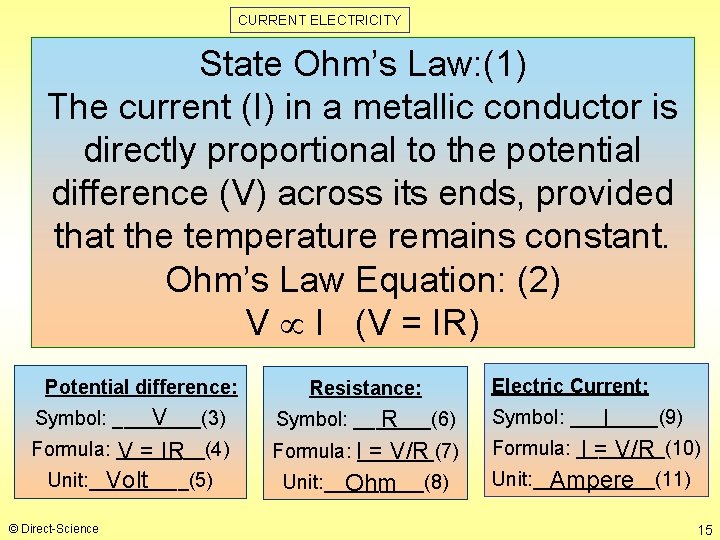 CURRENT ELECTRICITY State Ohm’s Law: (1) The current (I) in a metallic conductor is