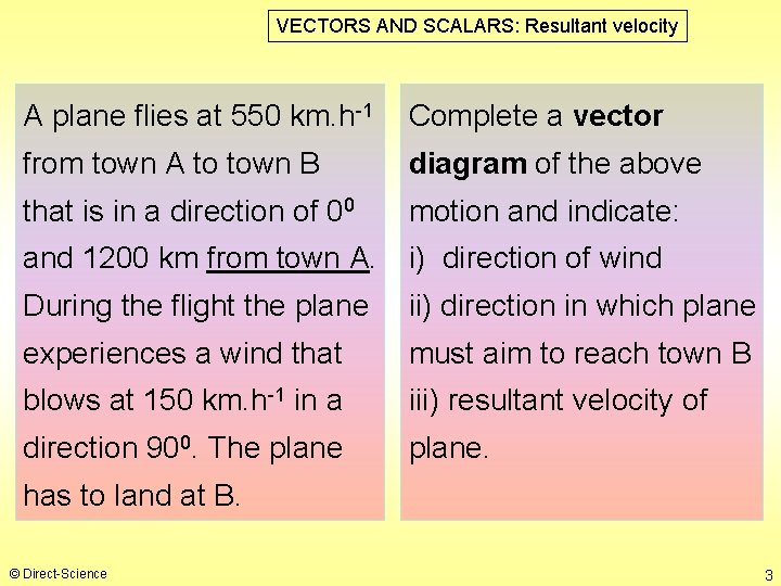 VECTORS AND SCALARS: Resultant velocity A plane flies at 550 km. h-1 Complete a