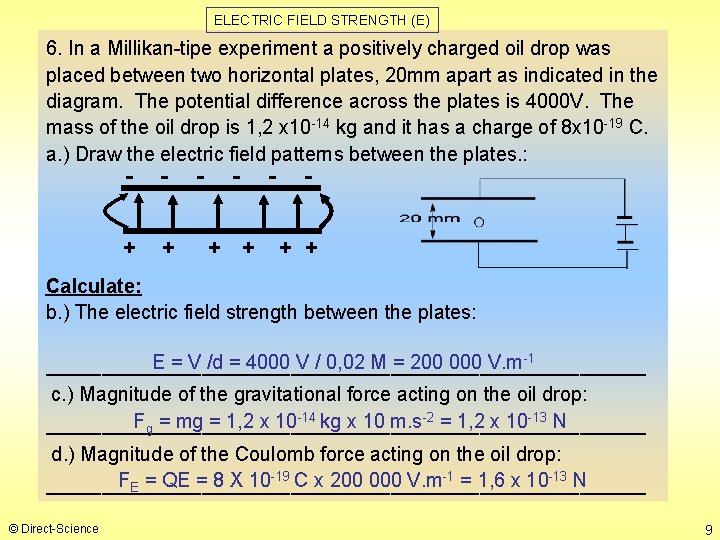 ELECTRIC FIELD STRENGTH (E) 6. In a Millikan-tipe experiment a positively charged oil drop