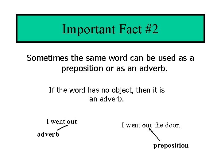 Important Fact #2 Sometimes the same word can be used as a preposition or