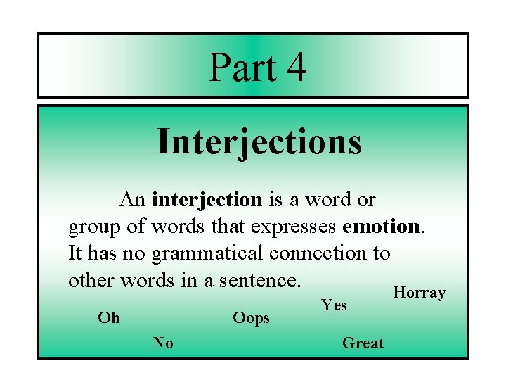 Part 4 Interjections An interjection is a word or group of words that expresses