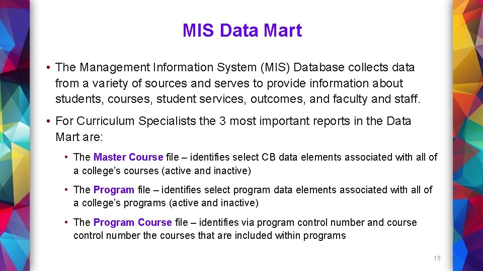 MIS Data Mart • The Management Information System (MIS) Database collects data from a