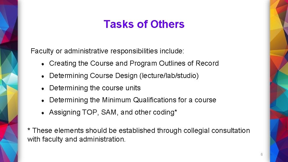 Tasks of Others Faculty or administrative responsibilities include: ● Creating the Course and Program