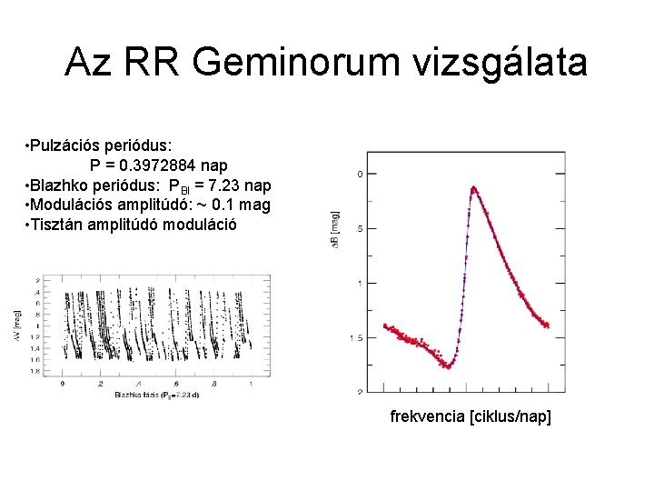 Az RR Geminorum vizsgálata • Pulzációs periódus: P = 0. 3972884 nap • Blazhko