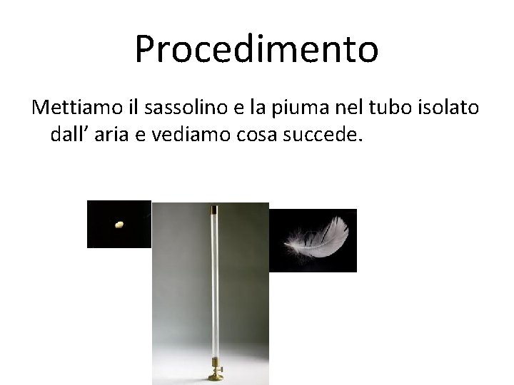 Procedimento Mettiamo il sassolino e la piuma nel tubo isolato dall’ aria e vediamo