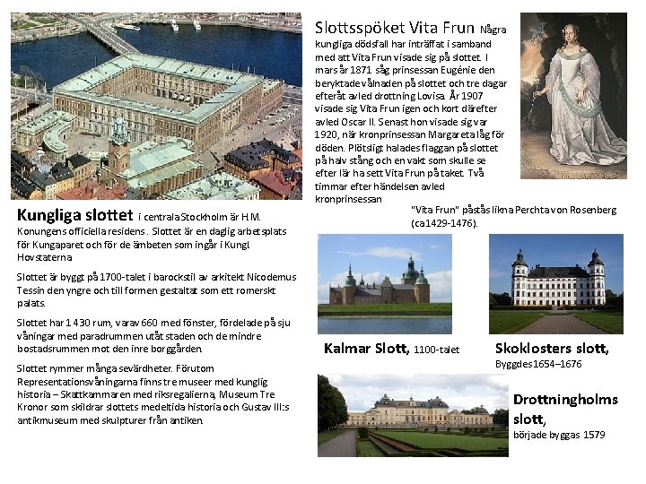 Slottsspöket Vita Frun Några Kungliga slottet i centrala Stockholm är H. M. Konungens officiella