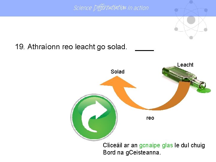 Science Differentiation in action 19. Athraíonn reo leacht go solad. Leacht Solad reo Cliceáil