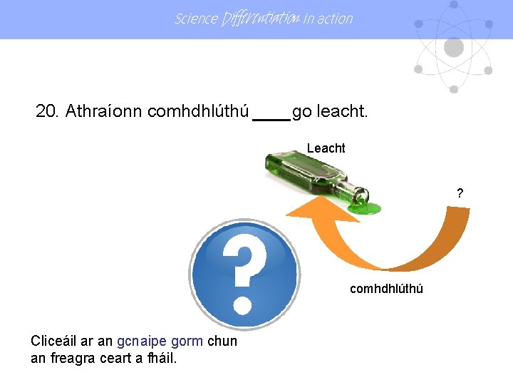 Science Differentiation in action 20. Athraíonn comhdhlúthú GÁSgo leacht. Leacht ? comhdhlúthú Cliceáil ar