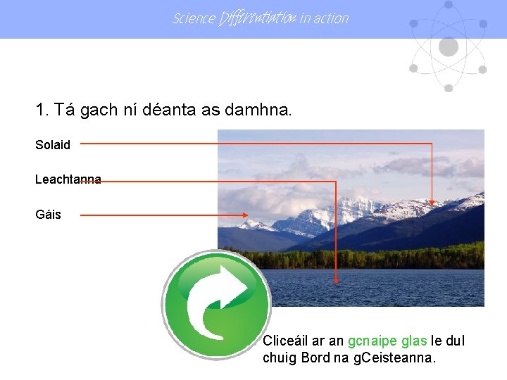 Science Differentiation in action 1. Tá gach ní déanta as damhna. Solaid Leachtanna Gáis