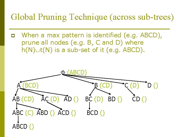 Global Pruning Technique (across sub-trees) p When a max pattern is identified (e. g.