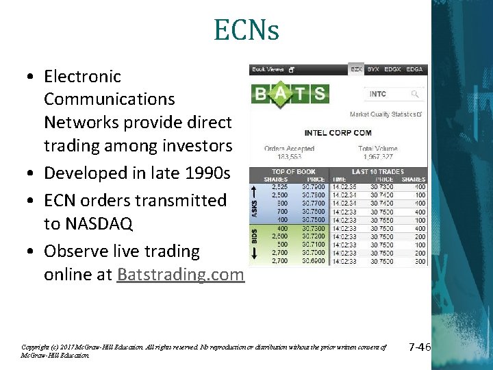 ECNs • Electronic Communications Networks provide direct trading among investors • Developed in late