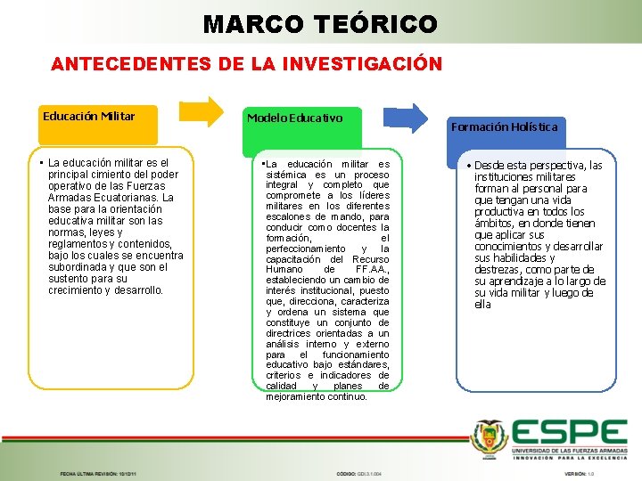 MARCO TEÓRICO ANTECEDENTES DE LA INVESTIGACIÓN Educación Militar • La educación militar es el