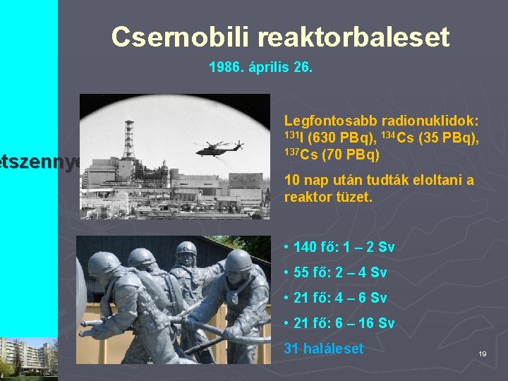 Csernobili reaktorbaleset etszennyezések 1986. április 26. Legfontosabb radionuklidok: 131 I (630 PBq), 134 Cs