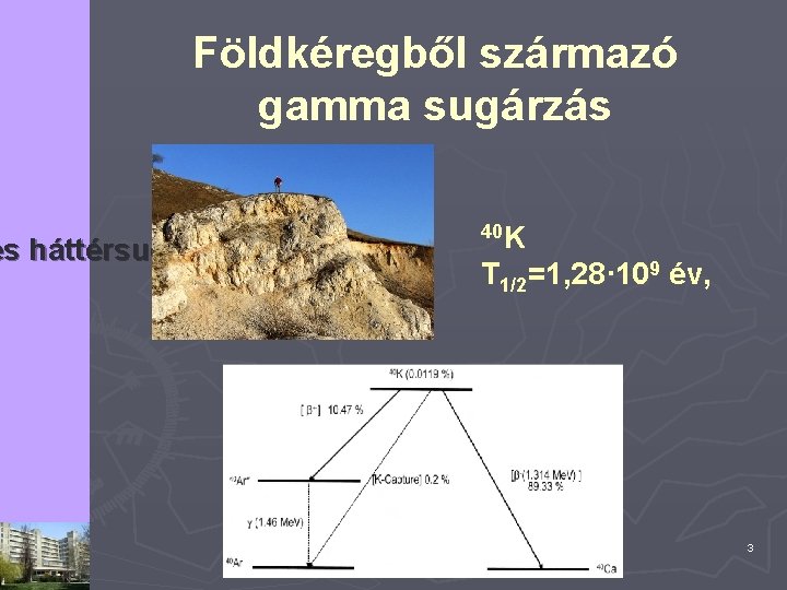 Földkéregből származó gamma sugárzás es háttérsugárzás 40 K T 1/2=1, 28· 109 év, 3