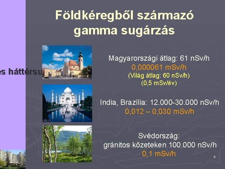 Földkéregből származó gamma sugárzás es háttérsugárzás Magyarországi átlag: 61 n. Sv/h 0, 000061 m.