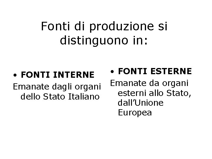 Fonti di produzione si distinguono in: • FONTI INTERNE Emanate dagli organi dello Stato