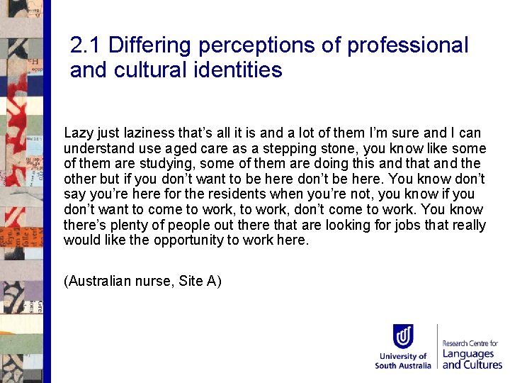 2. 1 Differing perceptions of professional and cultural identities Lazy just laziness that’s all