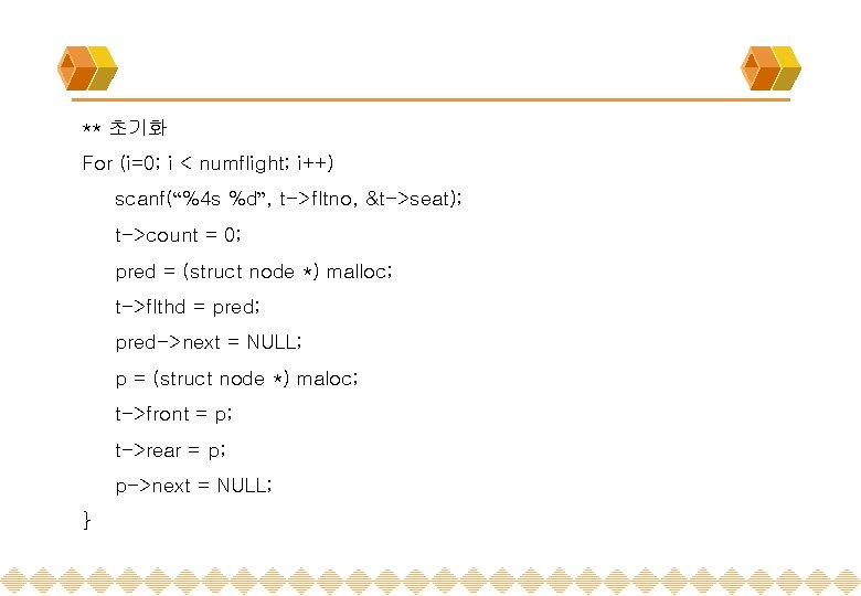 ** 초기화 For (i=0; i < numflight; i++) scanf(“%4 s %d”, t->fltno, &t->seat); t->count