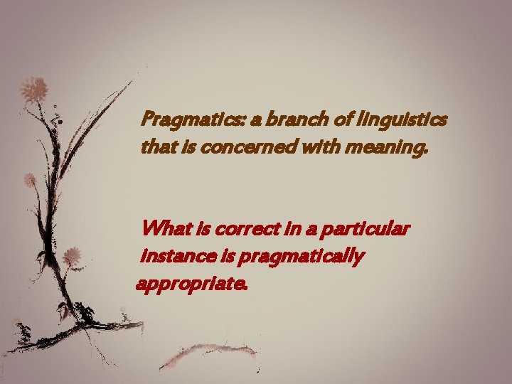 Pragmatics: a branch of linguistics that is concerned with meaning. What is correct in