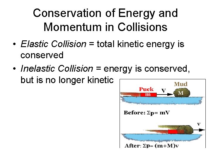Conservation of Energy and Momentum in Collisions • Elastic Collision = total kinetic energy