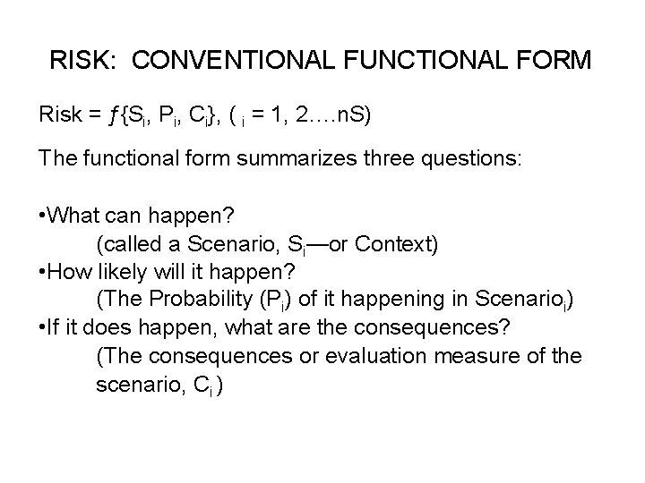 RISK: CONVENTIONAL FUNCTIONAL FORM Risk = ƒ{Si, Pi, Ci}, ( i = 1, 2….