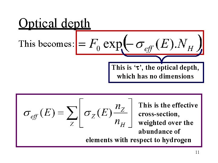 Optical depth This becomes: This is ‘t’, the optical depth, which has no dimensions Optical depth This becomes: This is ‘t’, the optical depth, which has no dimensions