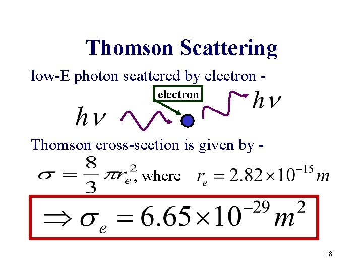 Thomson Scattering low-E photon scattered by electron Thomson cross-section is given by , where Thomson Scattering low-E photon scattered by electron Thomson cross-section is given by , where