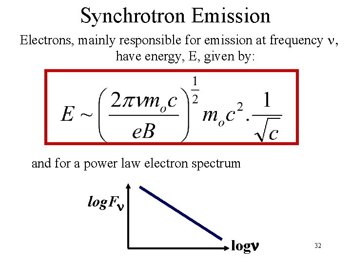 Synchrotron Emission Electrons, mainly responsible for emission at frequency n, have energy, E, given Synchrotron Emission Electrons, mainly responsible for emission at frequency n, have energy, E, given