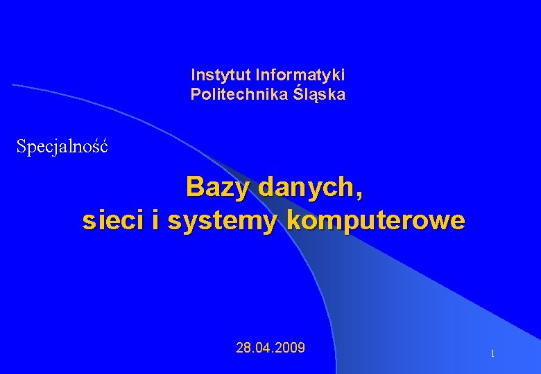 Instytut Informatyki Politechnika Śląska Specjalność Bazy danych, sieci i systemy komputerowe 28. 04. 2009