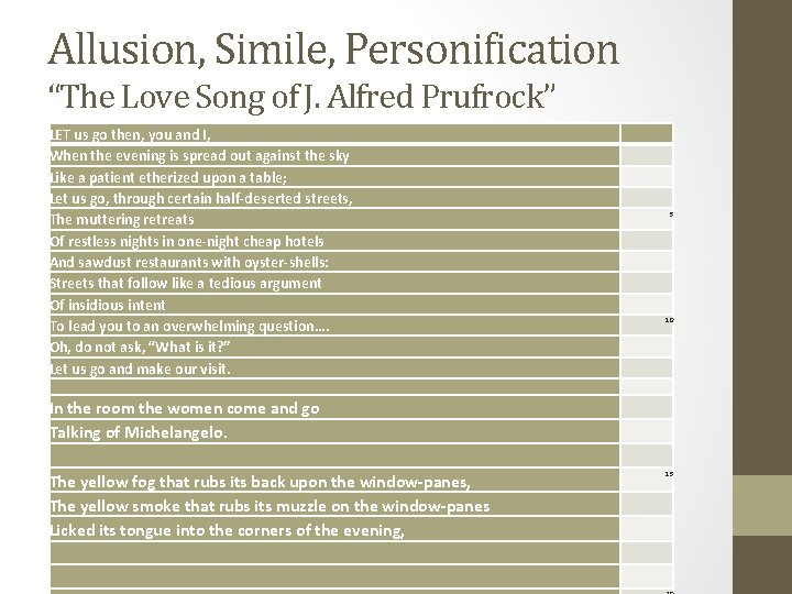 Allusion, Simile, Personification “The Love Song of J. Alfred Prufrock” LET us go then,