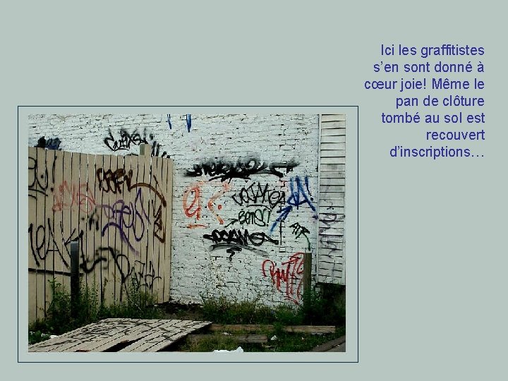 Ici les graffitistes s’en sont donné à cœur joie! Même le pan de clôture