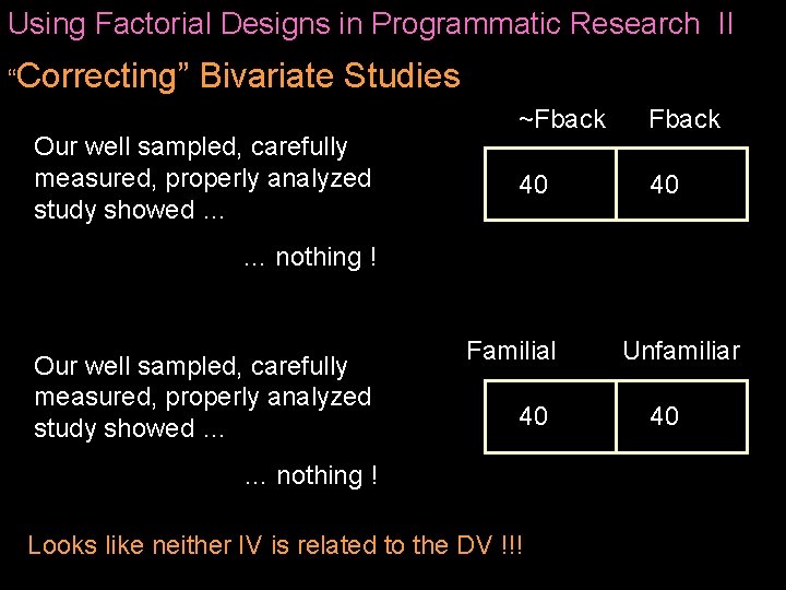 Using Factorial Designs in Programmatic Research II “Correcting” Bivariate Studies Our well sampled, carefully