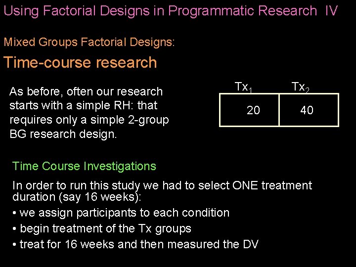 Using Factorial Designs in Programmatic Research IV Mixed Groups Factorial Designs: Time-course research As