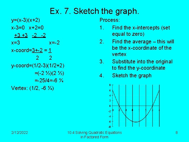 Ex. 7. Sketch the graph. y=(x-3)(x+2) x-3=0 x+2=0 +3 +3 -2 -2 x=3 x=-2