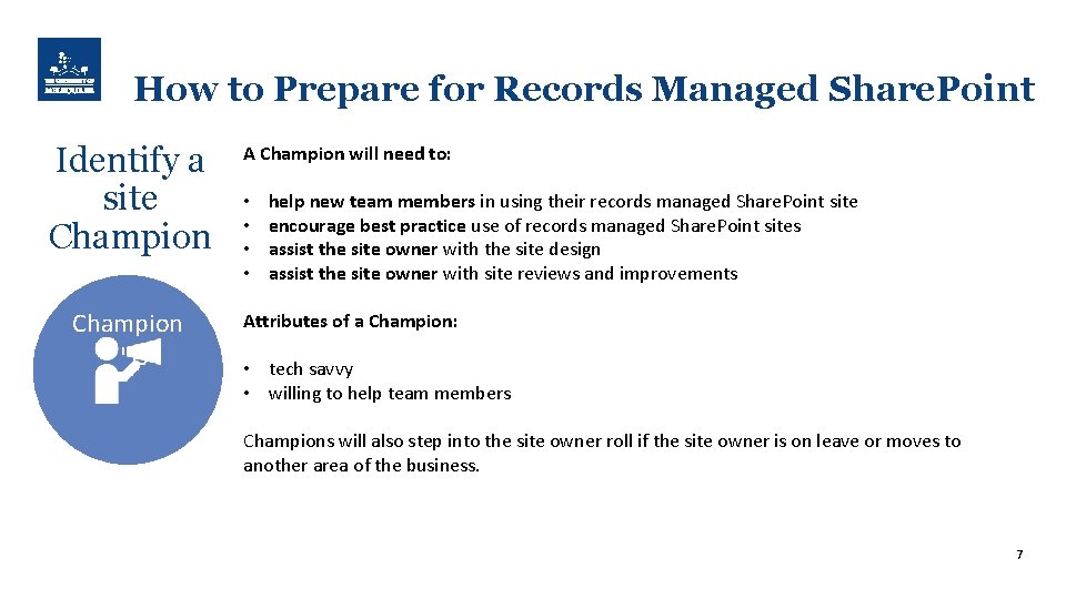 How to Prepare for Records Managed Share. Point Identify a site Champion A Champion