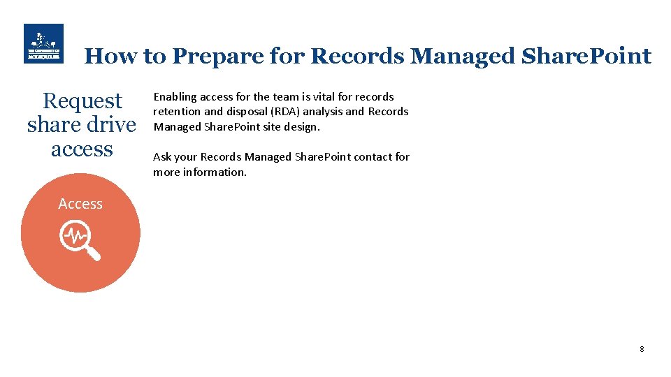 How to Prepare for Records Managed Share. Point Request share drive access Enabling access
