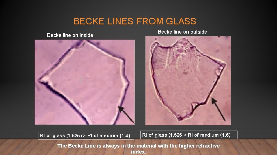 BECKE LINES FROM GLASS Becke line on inside RI of glass (1. 525) >