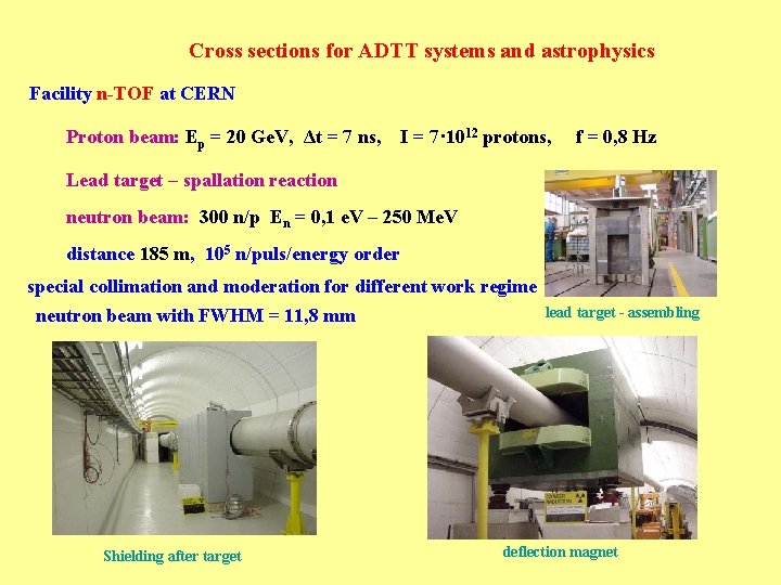 Cross sections for ADTT systems and astrophysics Facility n-TOF at CERN Proton beam: Ep
