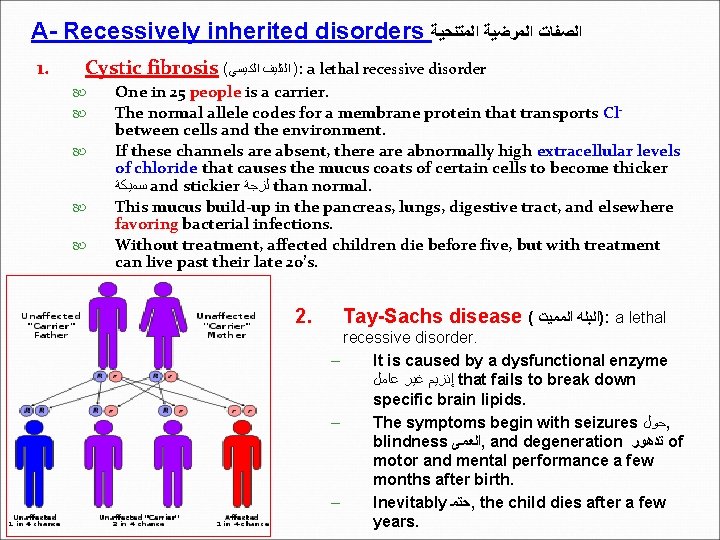 A- Recessively inherited disorders ﺍﻟﺼﻔﺎﺕ ﺍﻟﻤﺮﺿﻴﺔ ﺍﻟﻤﺘﻨﺤﻴﺔ 1. Cystic fibrosis ( ) ﺍﻟﺘﻠﻴﻒ ﺍﻟﻜﻴﺴﻲ