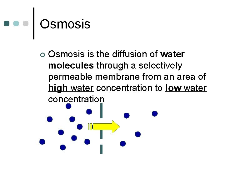 Osmosis ¢ Osmosis is the diffusion of water molecules through a selectively permeable membrane