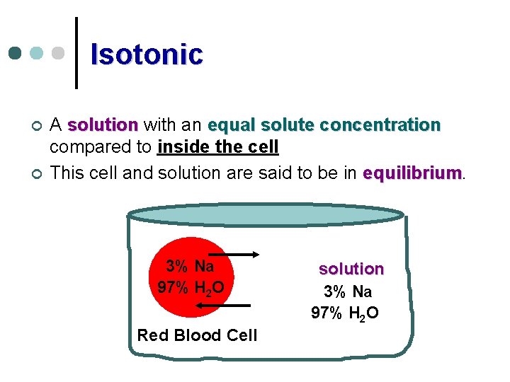 Isotonic ¢ ¢ A solution with an equal solute concentration compared to inside the