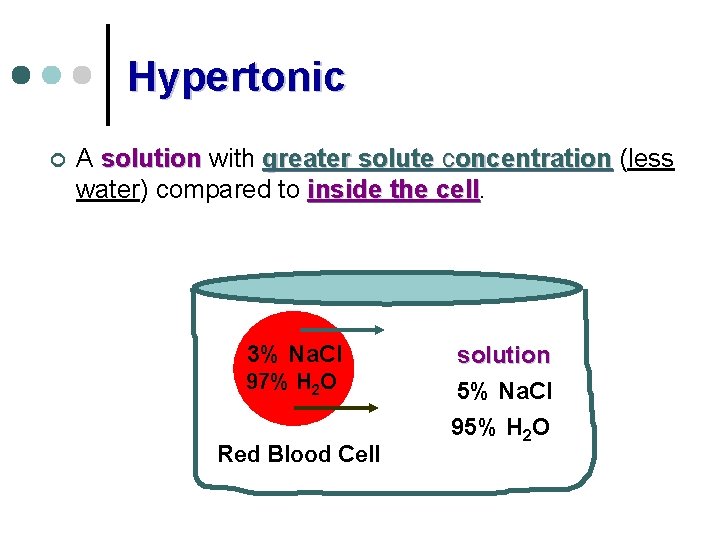 Hypertonic ¢ A solution with greater solute concentration (less water) compared to inside the