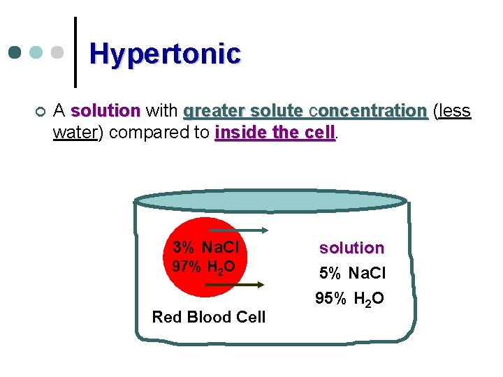 Hypertonic ¢ A solution with greater solute concentration (less water) compared to inside the