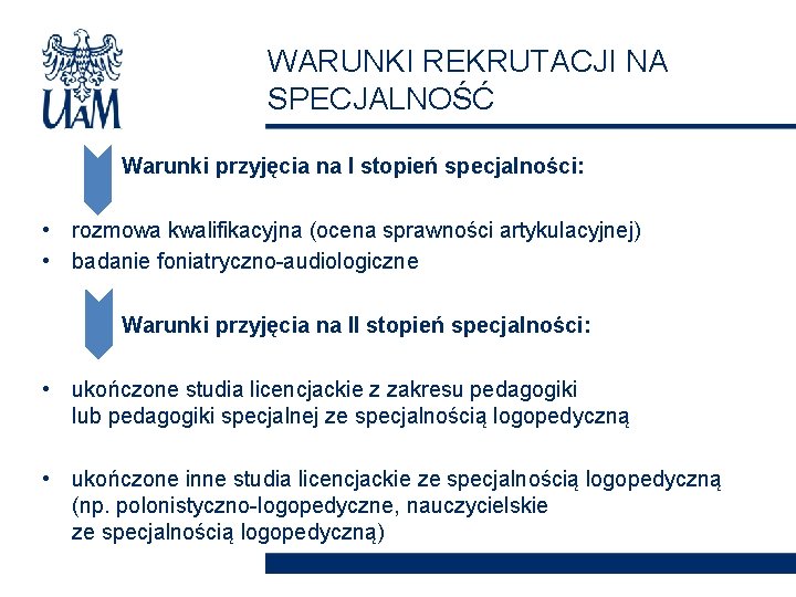 WARUNKI REKRUTACJI NA SPECJALNOŚĆ Warunki przyjęcia na I stopień specjalności: • rozmowa kwalifikacyjna (ocena