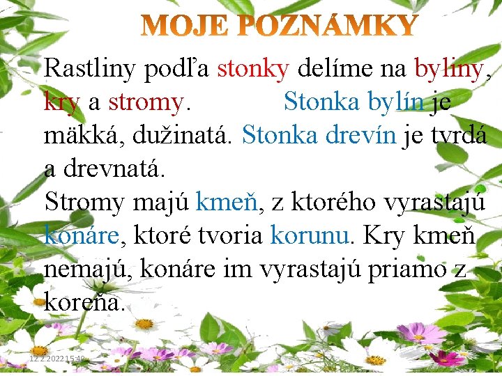 Rastliny podľa stonky delíme na byliny, kry a stromy. Stonka bylín je mäkká, dužinatá.