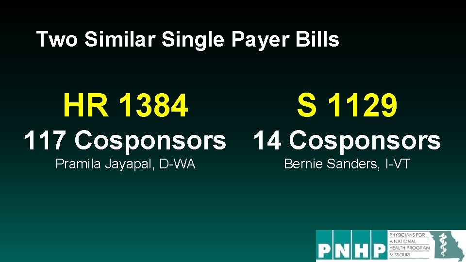 Two Similar Single Payer Bills HR 1384 S 1129 117 Cosponsors 14 Cosponsors Pramila
