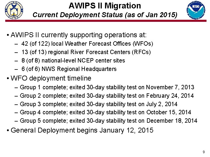 AWIPS II Migration Current Deployment Status (as of Jan 2015) • AWIPS II currently